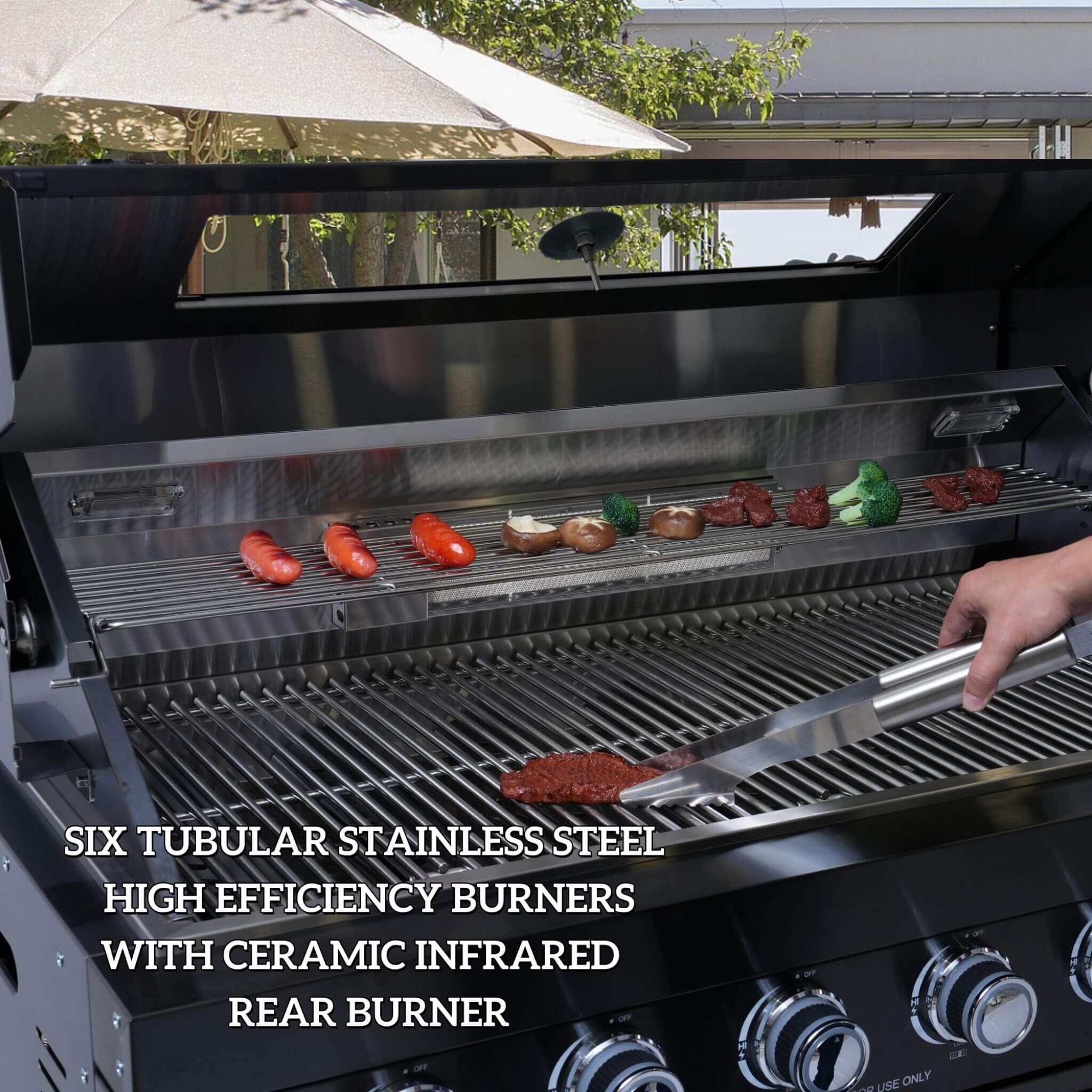 Castelle Flame Belmont 43-Inch 6-Burner 85K BTU Stainless Steel Outdoor BBQ Kitchen Grill Island With Wine Cooler, Rotisserie, And Sink