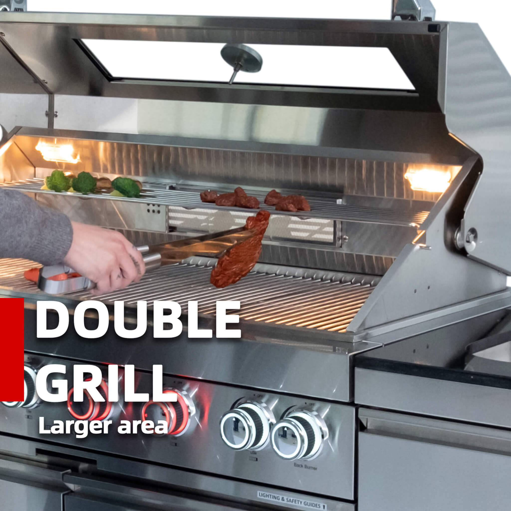 Castelle Flame Aurelia 46-Inch 4-Burner 72K BTU Stainless Steel Outdoor BBQ Kitchen Grill Island With 46-Inch 4-Burner 85K BTU Grill, Rotisserie Kit, And Cabinets