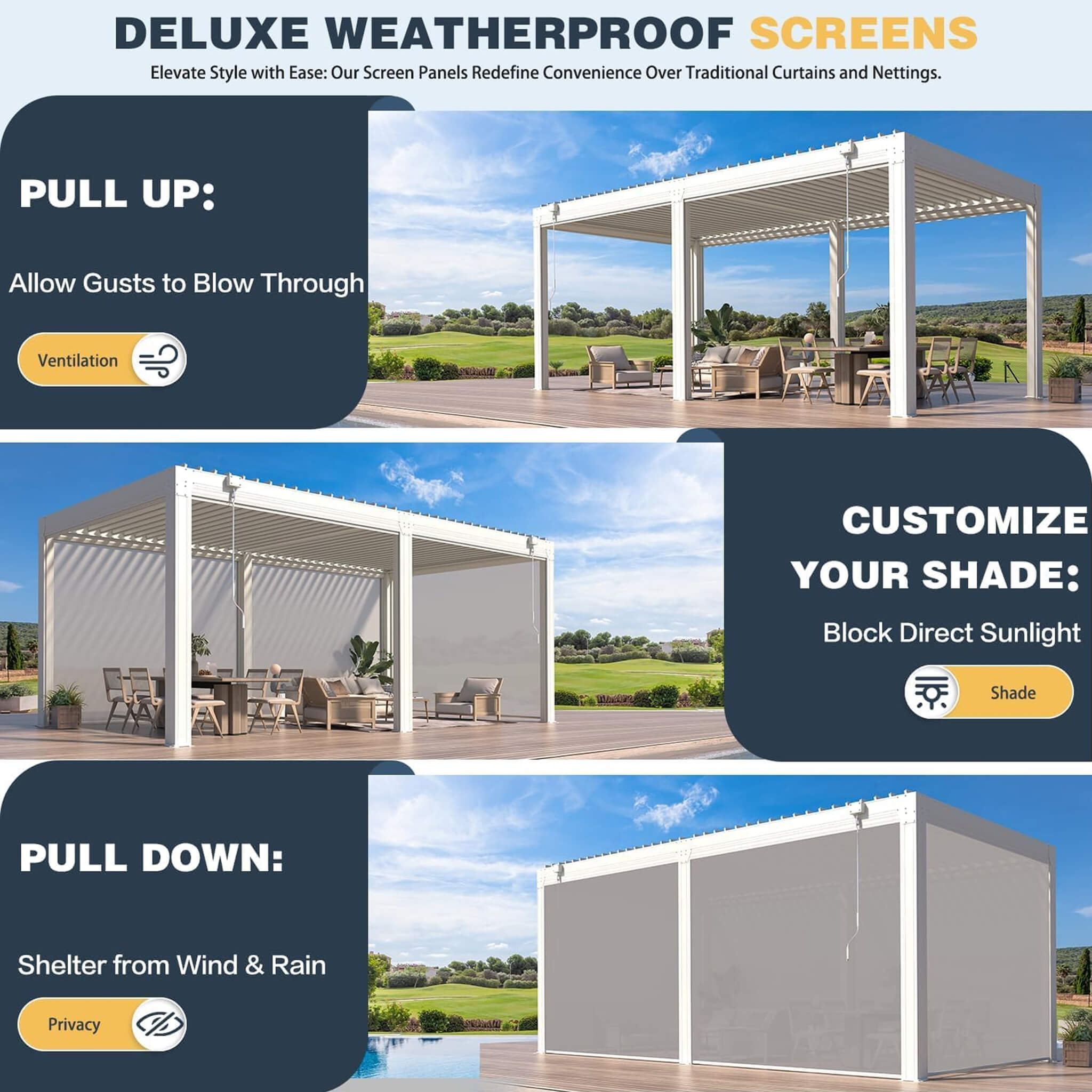 Alora White Louvered Aluminum Pergola With Adjustable Roof And Pull-Down Screens