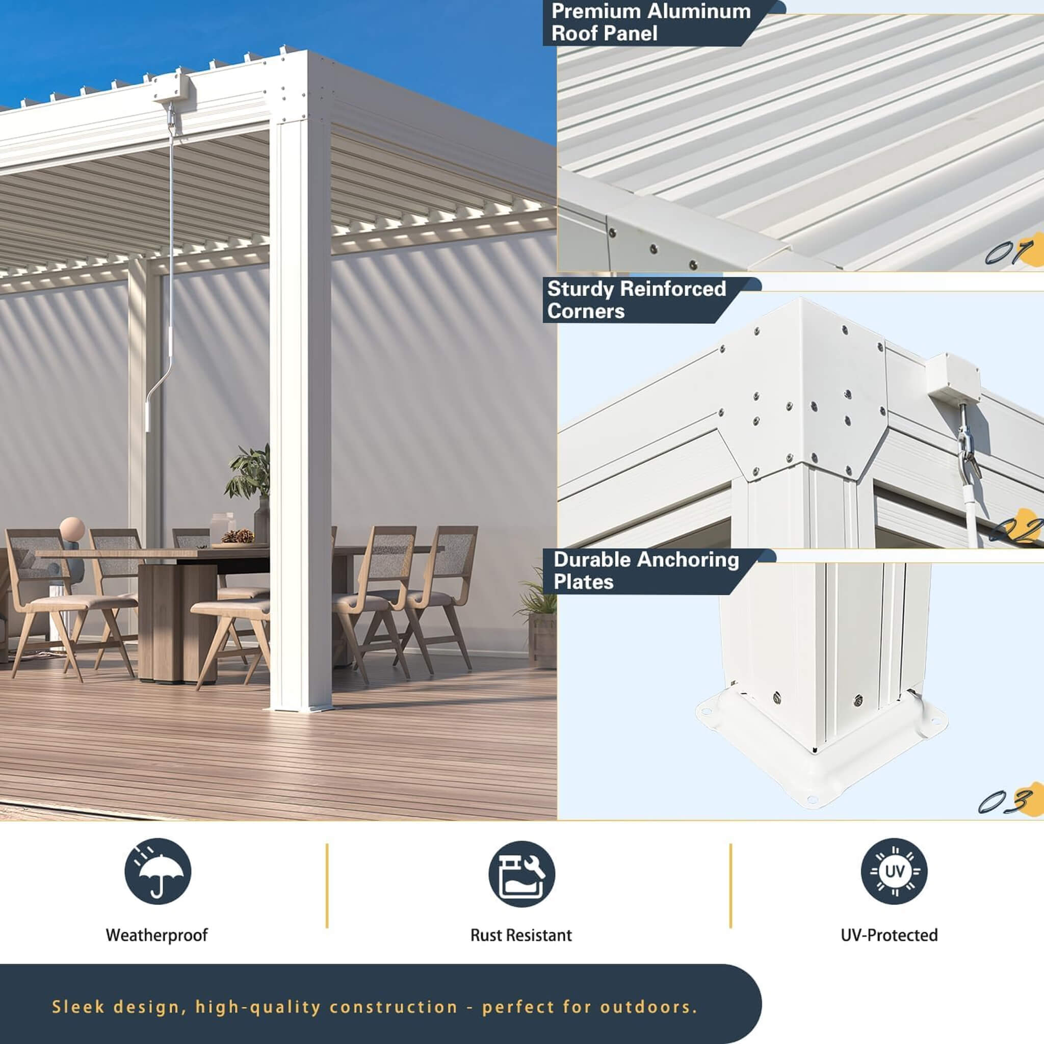 Alora White Louvered Aluminum Pergola With Adjustable Roof And Pull-Down Screens