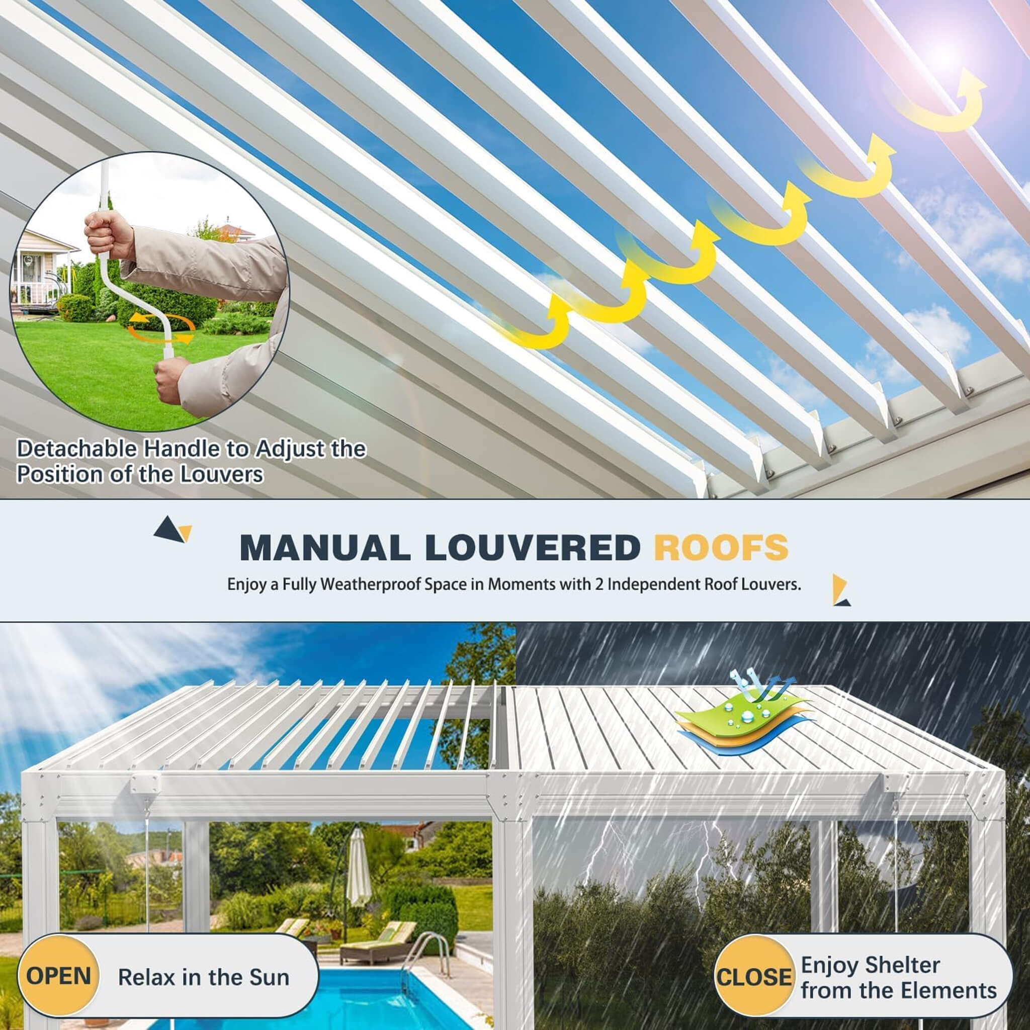 Alora White Louvered Aluminum Pergola With Adjustable Roof And Pull-Down Screens