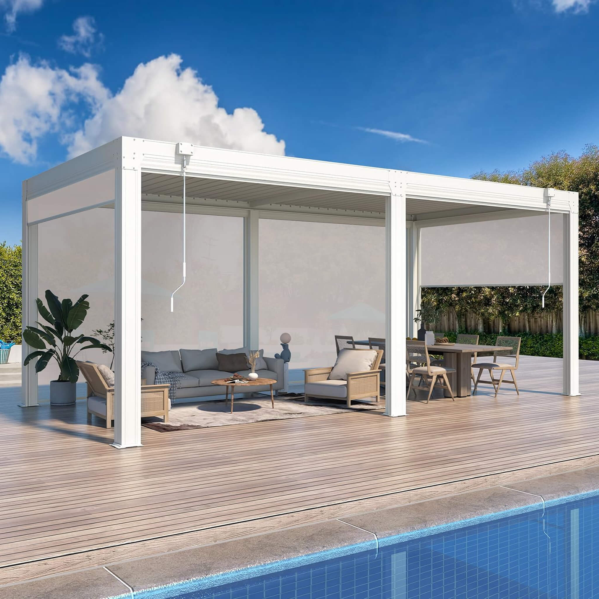 Alora White Louvered Aluminum Pergola With Adjustable Roof And Pull-Down Screens