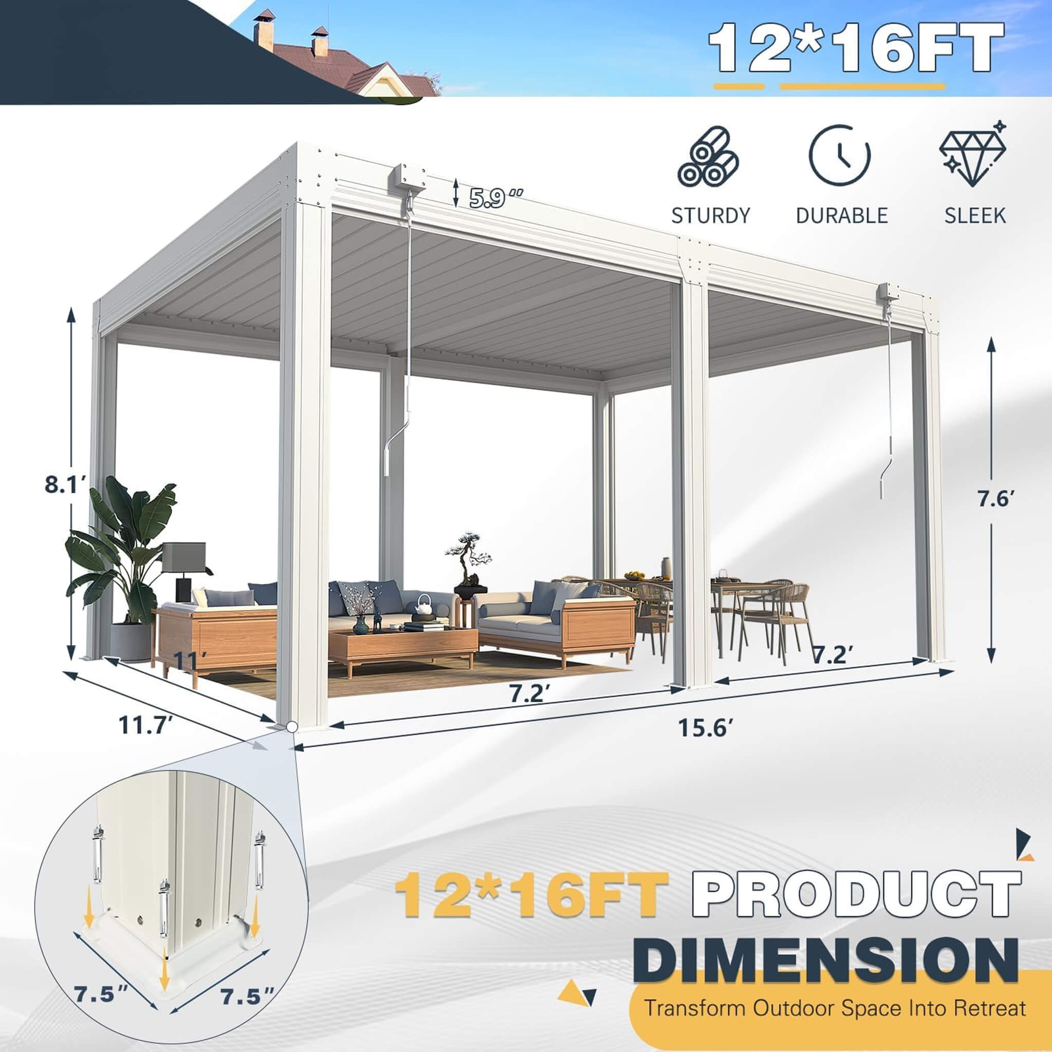 Alora White Louvered Aluminum Pergola With Adjustable Roof And Pull-Down Screens