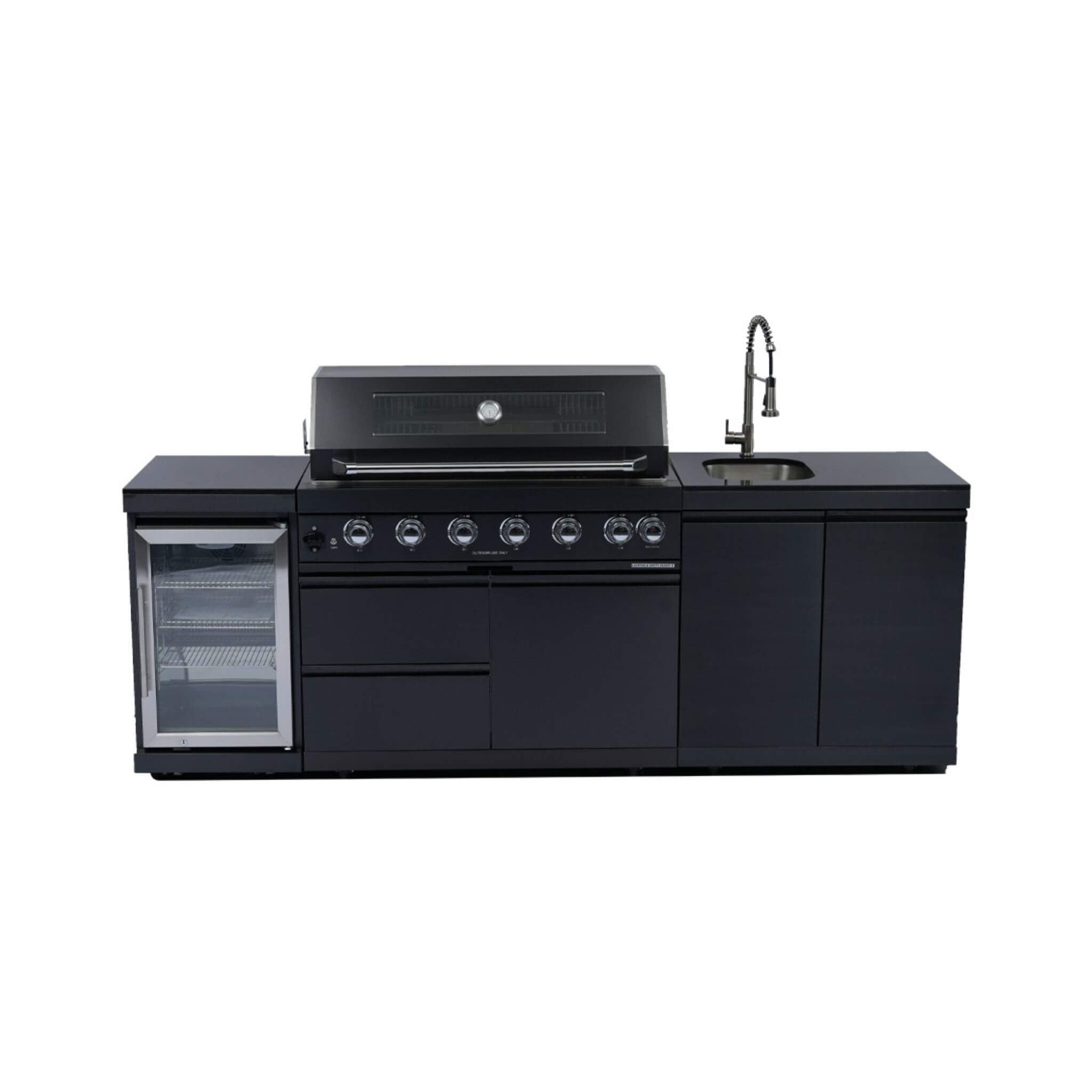 Castelle Flame Belmont 43-Inch 6-Burner 85K BTU Stainless Steel Outdoor BBQ Kitchen Grill Island With Wine Cooler, Rotisserie, And Sink
