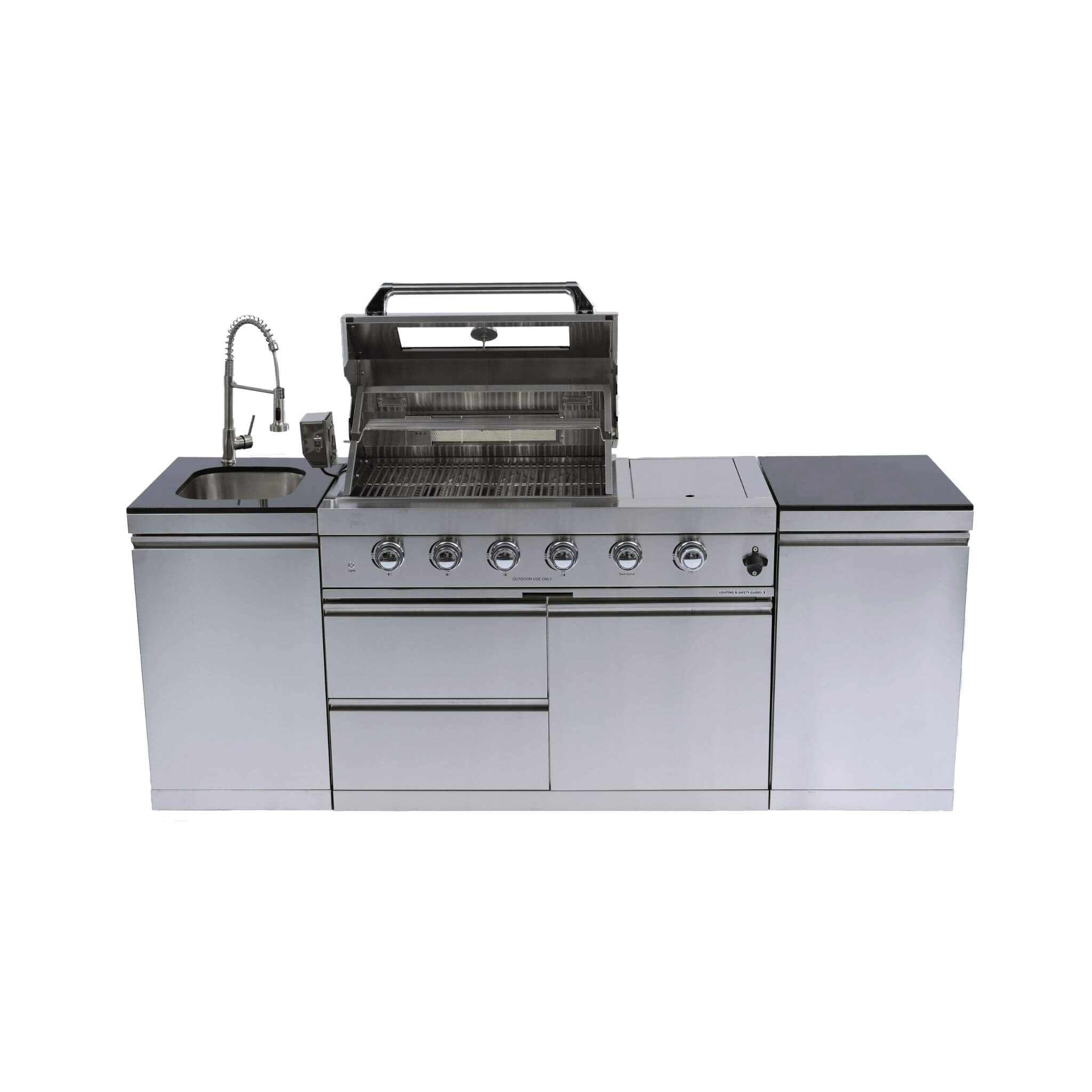 Castelle Flame Aurelia 46-Inch 4-Burner 72K BTU Stainless Steel Outdoor BBQ Kitchen Grill Island With 46-Inch 4-Burner 85K BTU Grill, Rotisserie Kit, And Cabinets