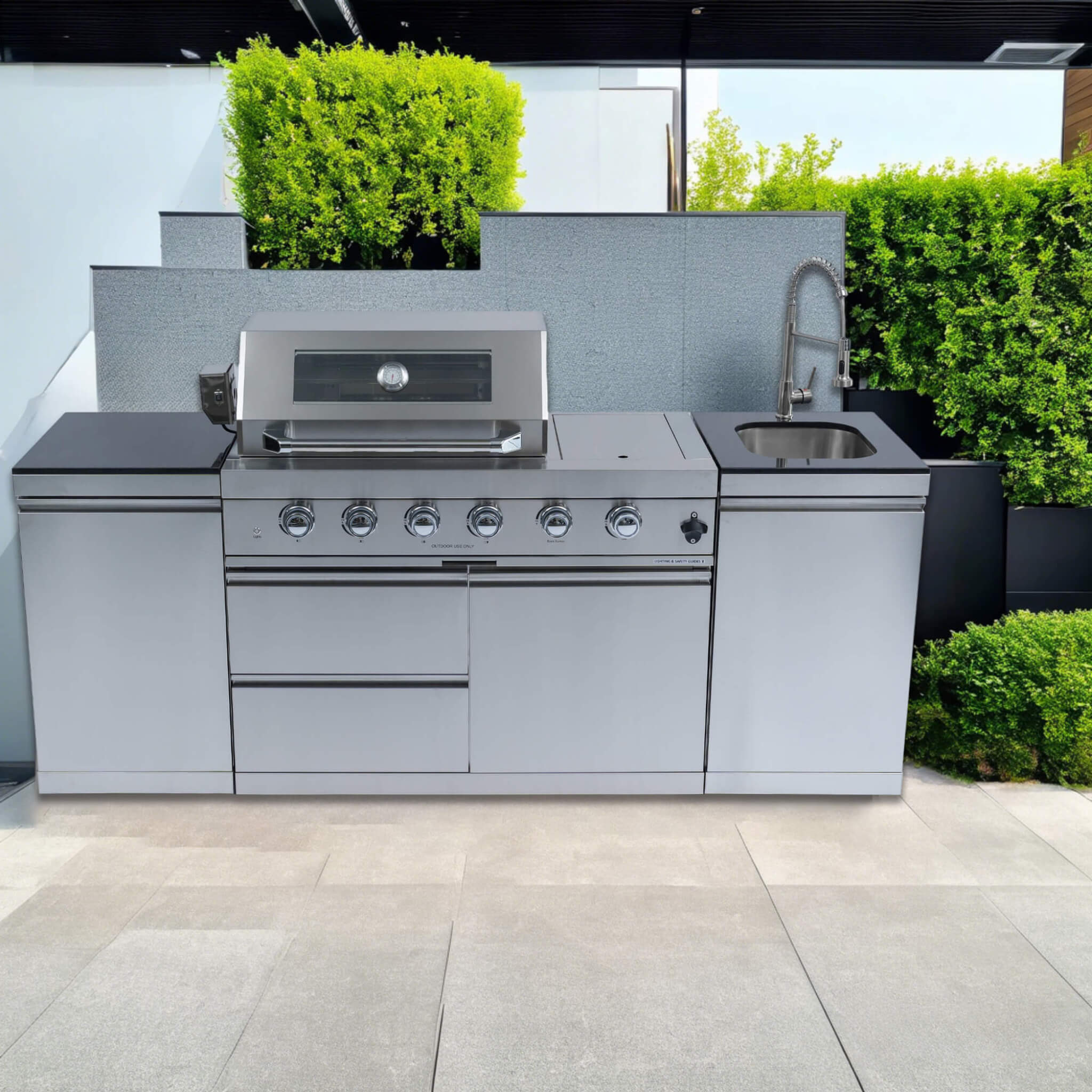 Castelle Flame Aurelia 46-Inch 4-Burner 72K BTU Stainless Steel Outdoor BBQ Kitchen Grill Island With 46-Inch 4-Burner 85K BTU Grill, Rotisserie Kit, And Cabinets