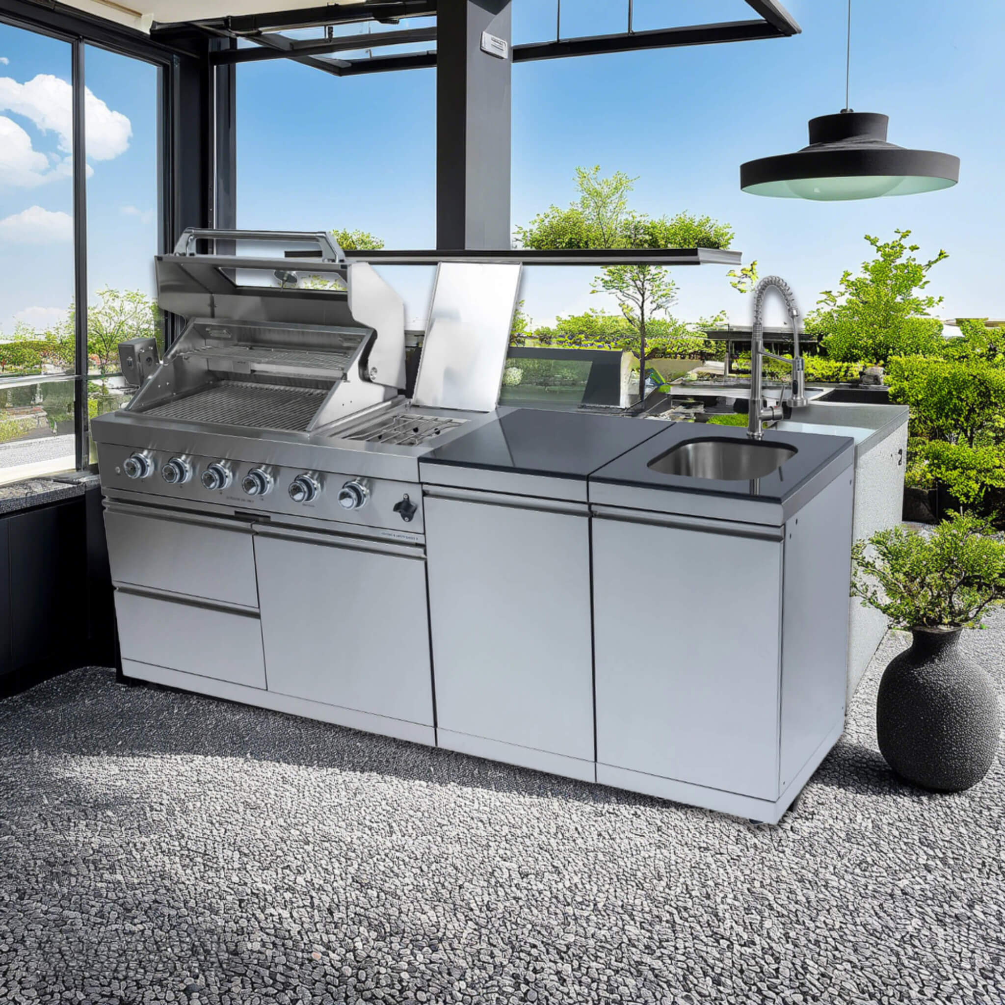 Castelle Flame Aurelia 46-Inch 4-Burner 72K BTU Stainless Steel Outdoor BBQ Kitchen Grill Island With 46-Inch 4-Burner 85K BTU Grill, Rotisserie Kit, And Cabinets