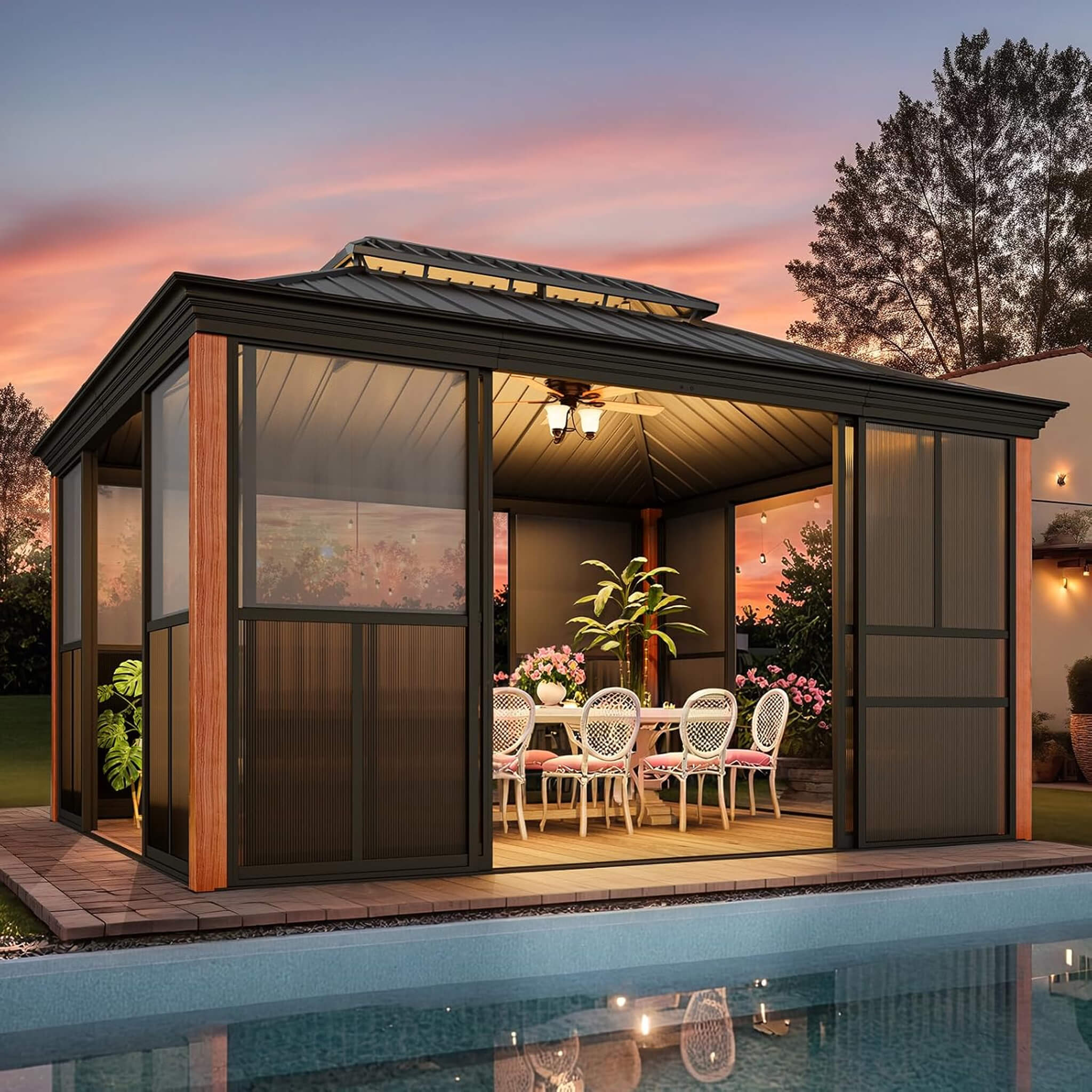 Alora Solstice Premium All-Season Outdoor Wood Grain Sunroom With Sliding Doors And Double Top Roof